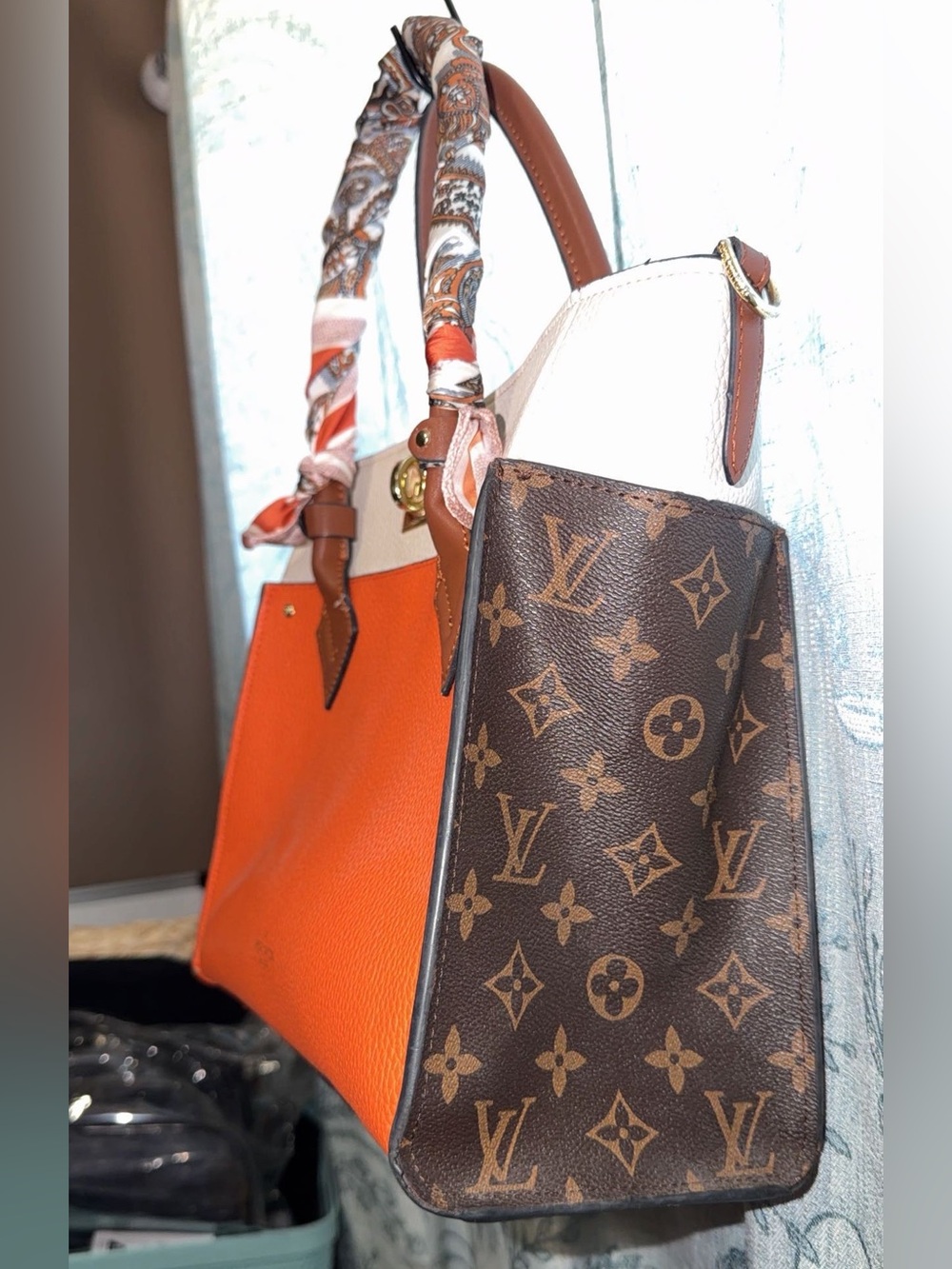 Orange and Cream Leather Tote with Monogram Side Panels - Picture 5 of 10
